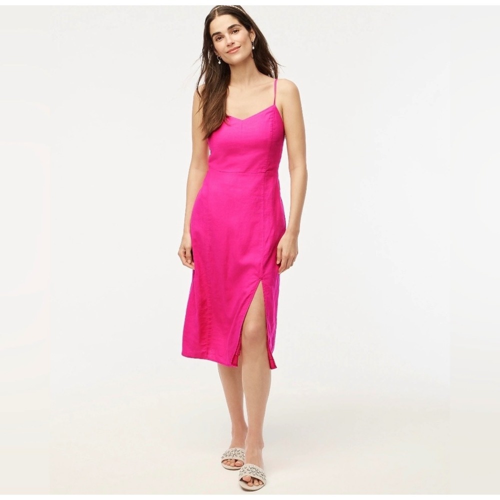 J. Crew Pink Linen Blend Midi Dress Side Slit Smocked Back CA434 Womens 10